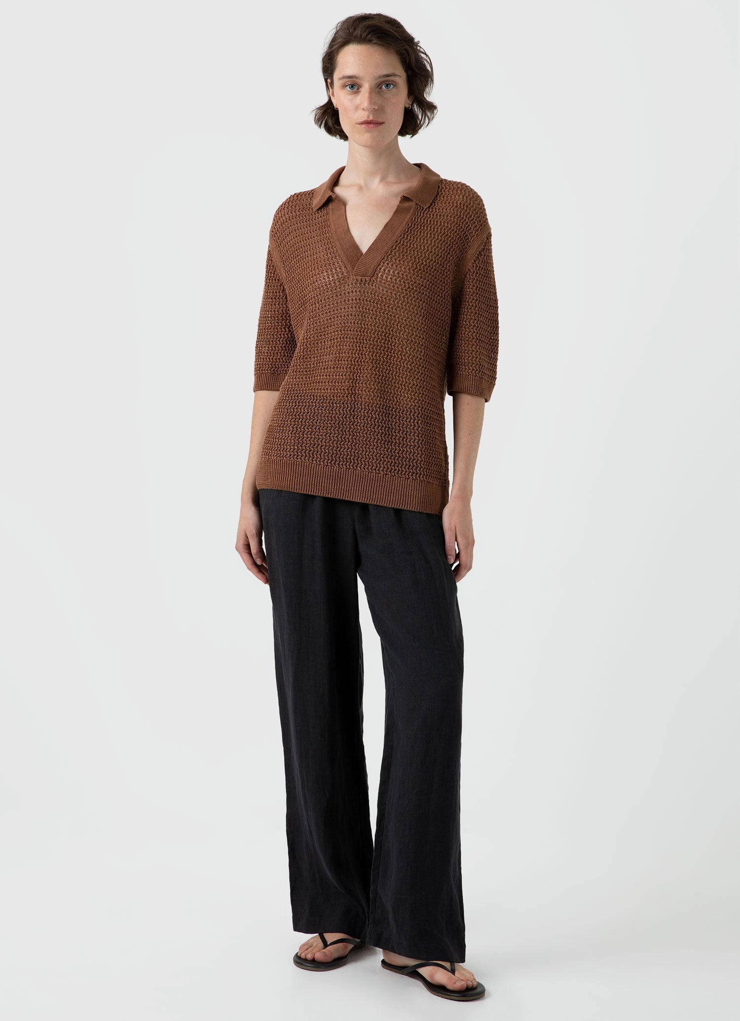 Women's Linen Mesh Polo Shirt in Brown Cool Layering