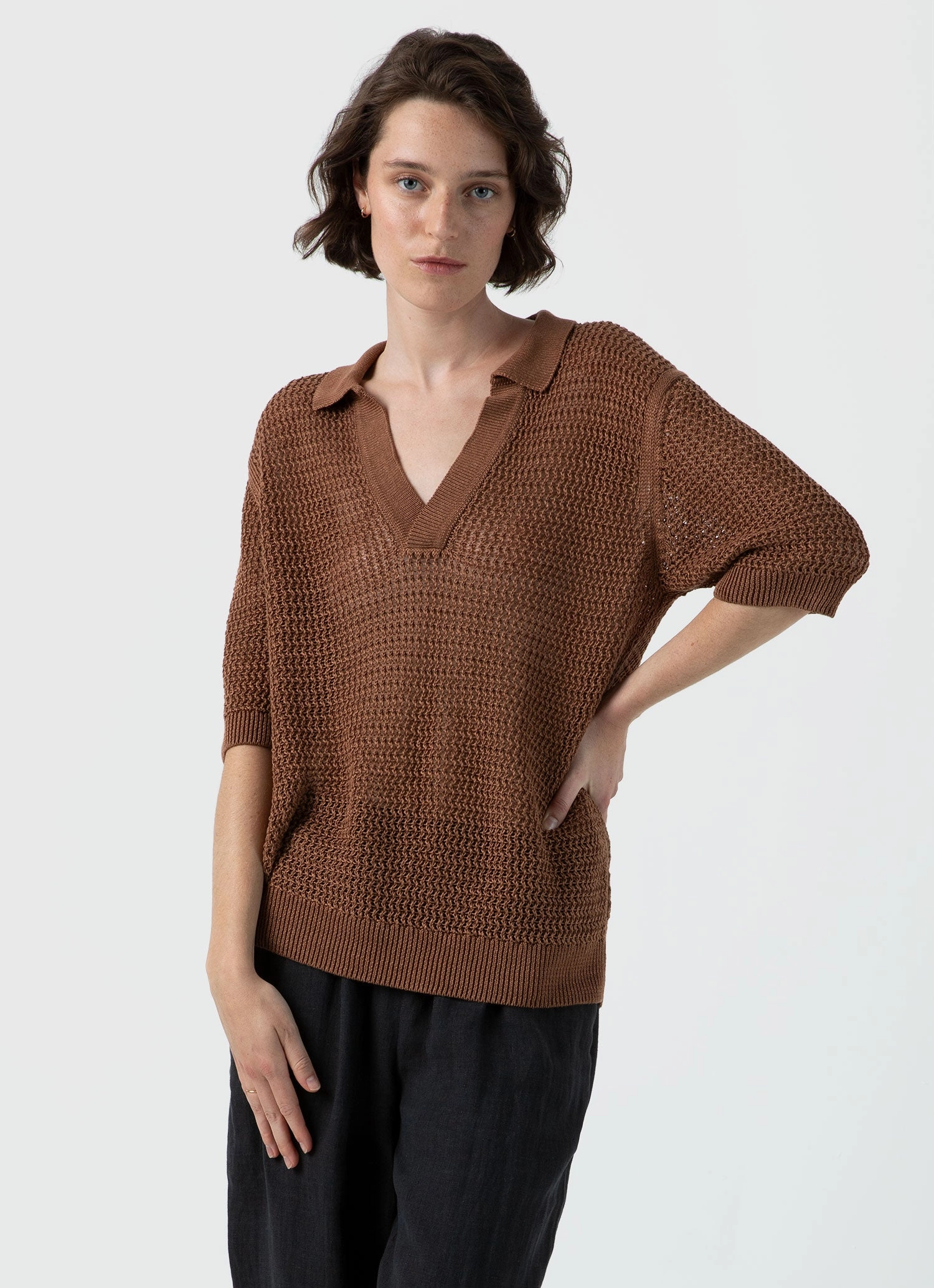 Women's Linen Mesh Polo Shirt in Brown Anti Snag Fabric