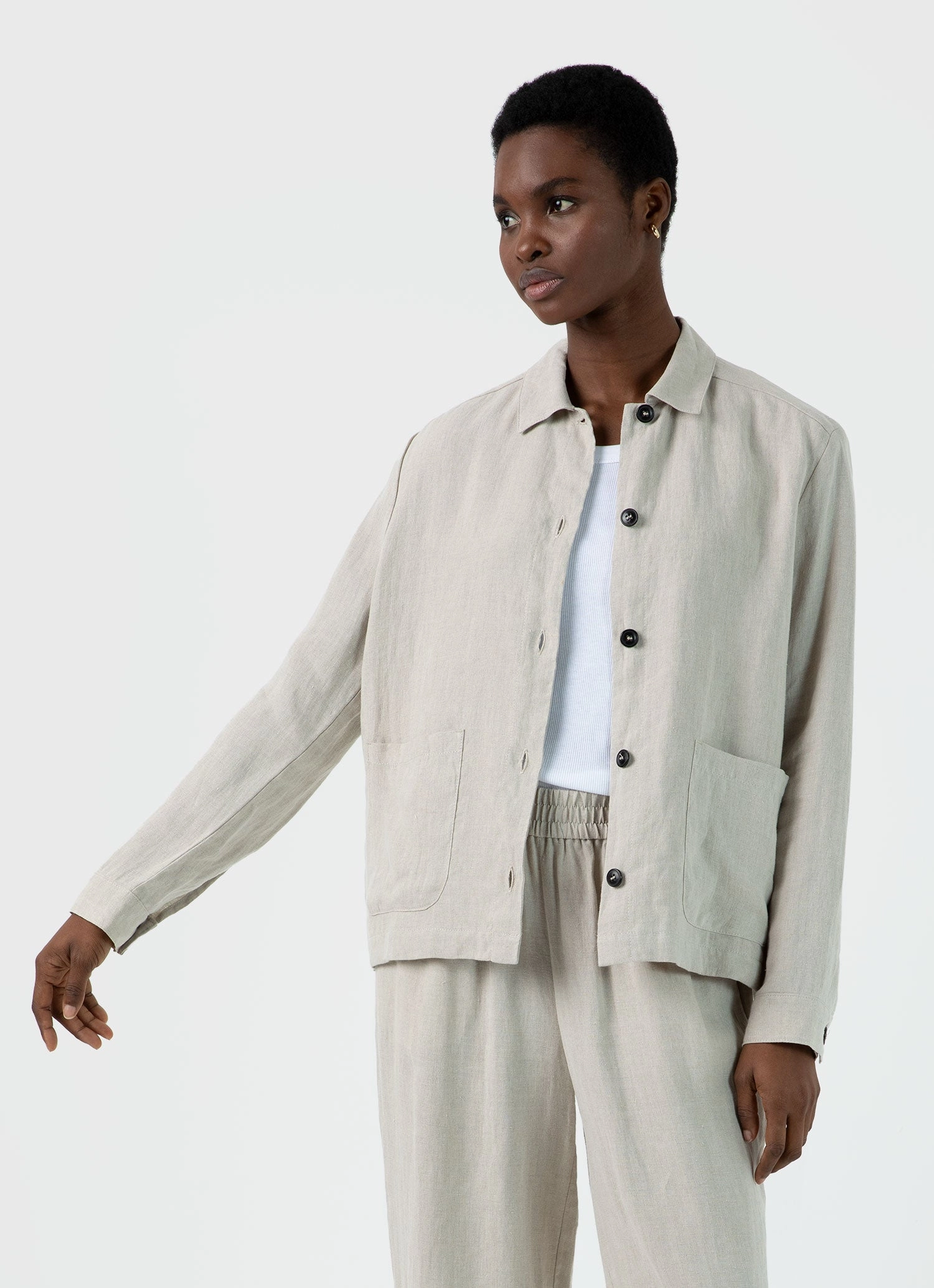 Breathable Tear Resistant Fabric Women's Linen Twin Pocket Jacket in Light Sand
