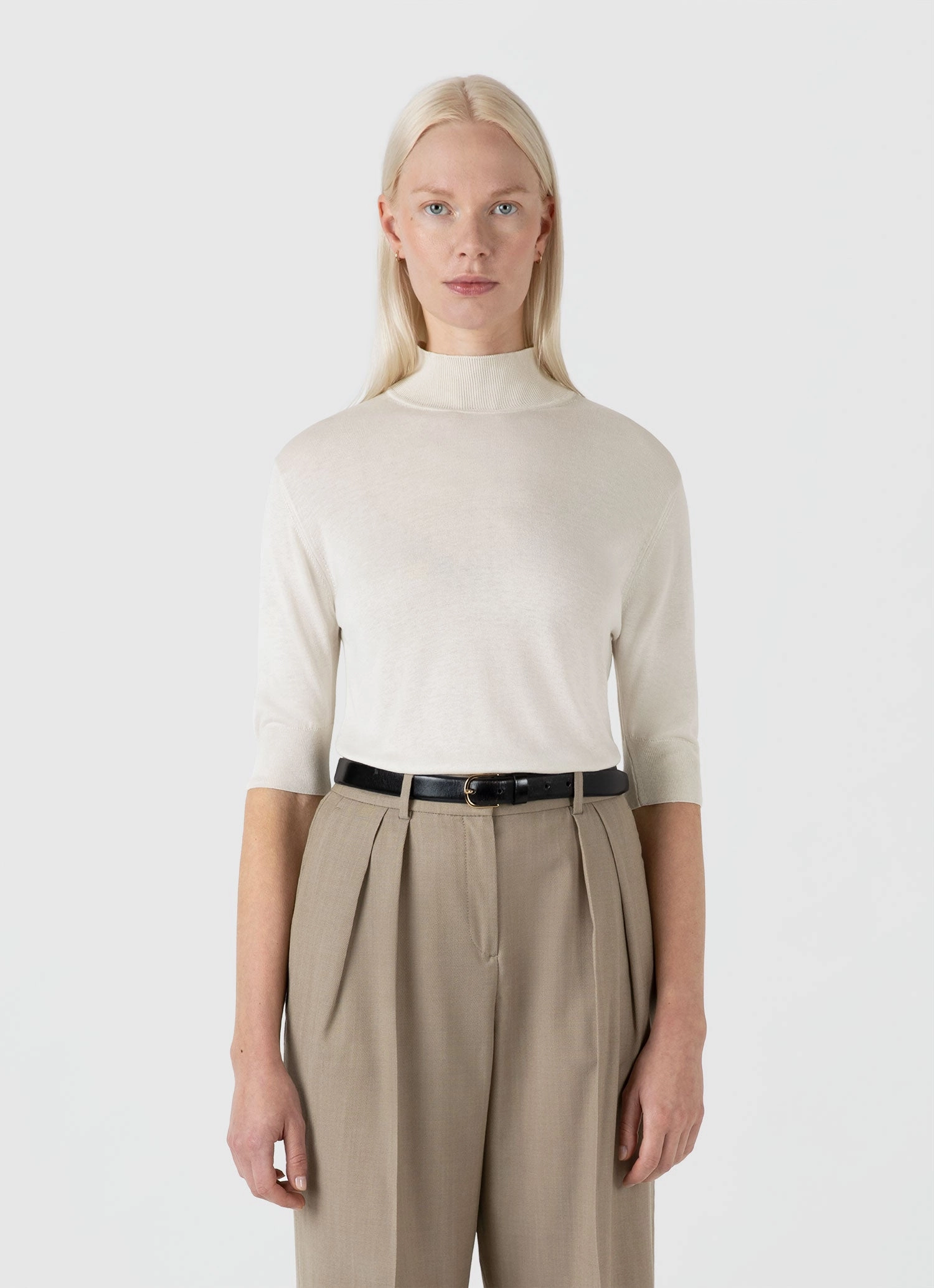 Daily Style Brushed Inner Women's Mulberry Silk Mock Neck Top in Ecru