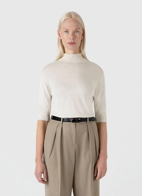 Women's Mulberry Silk Mock Neck Top in Ecru SeamlessKnitConstruction Daily Style Brushed Inner Women's Mulberry Silk Mock Neck Top in Ecru