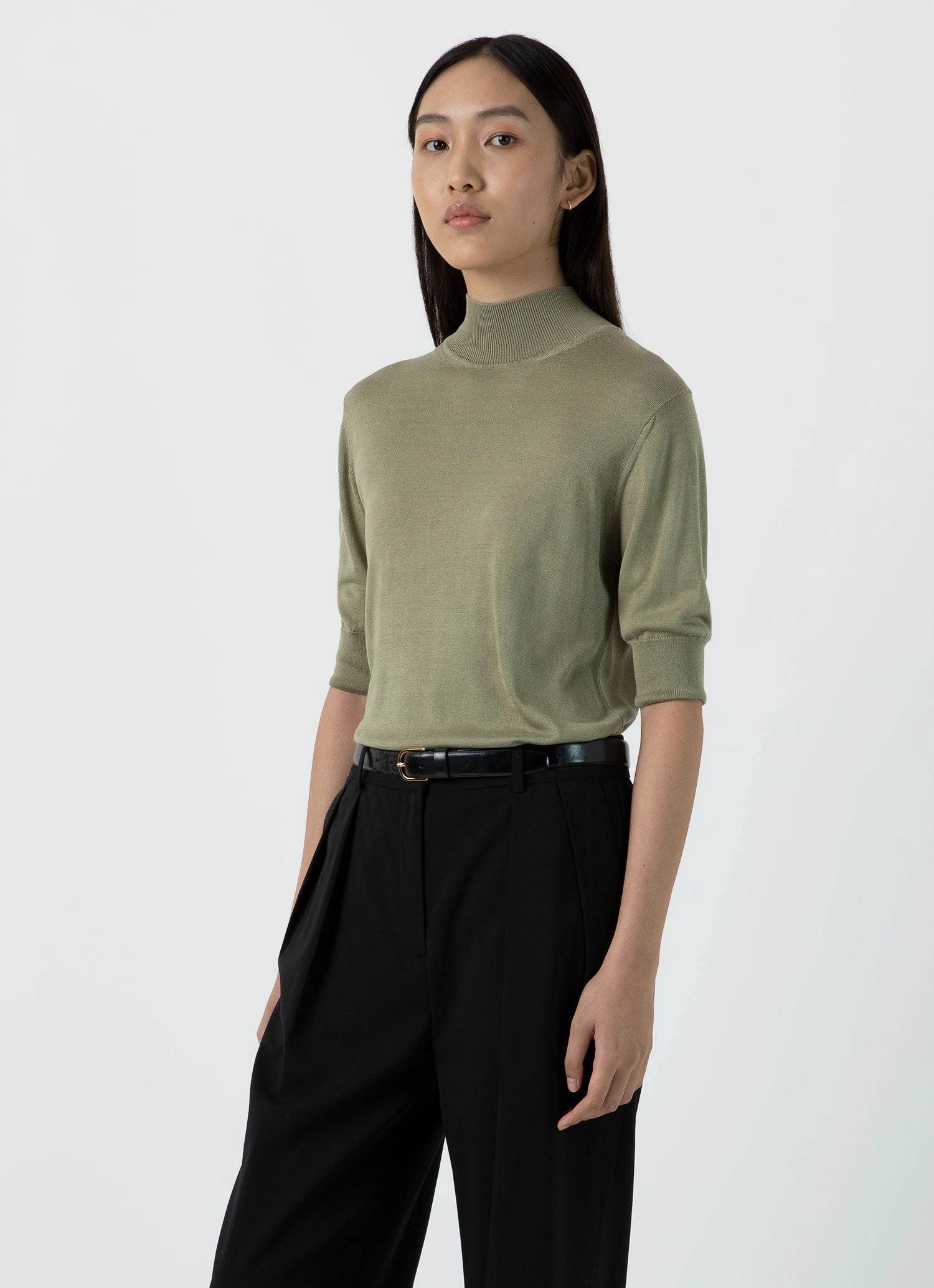 High Elasticity Fiber Women's Mulberry Silk Mock Neck Top in Pale Khaki