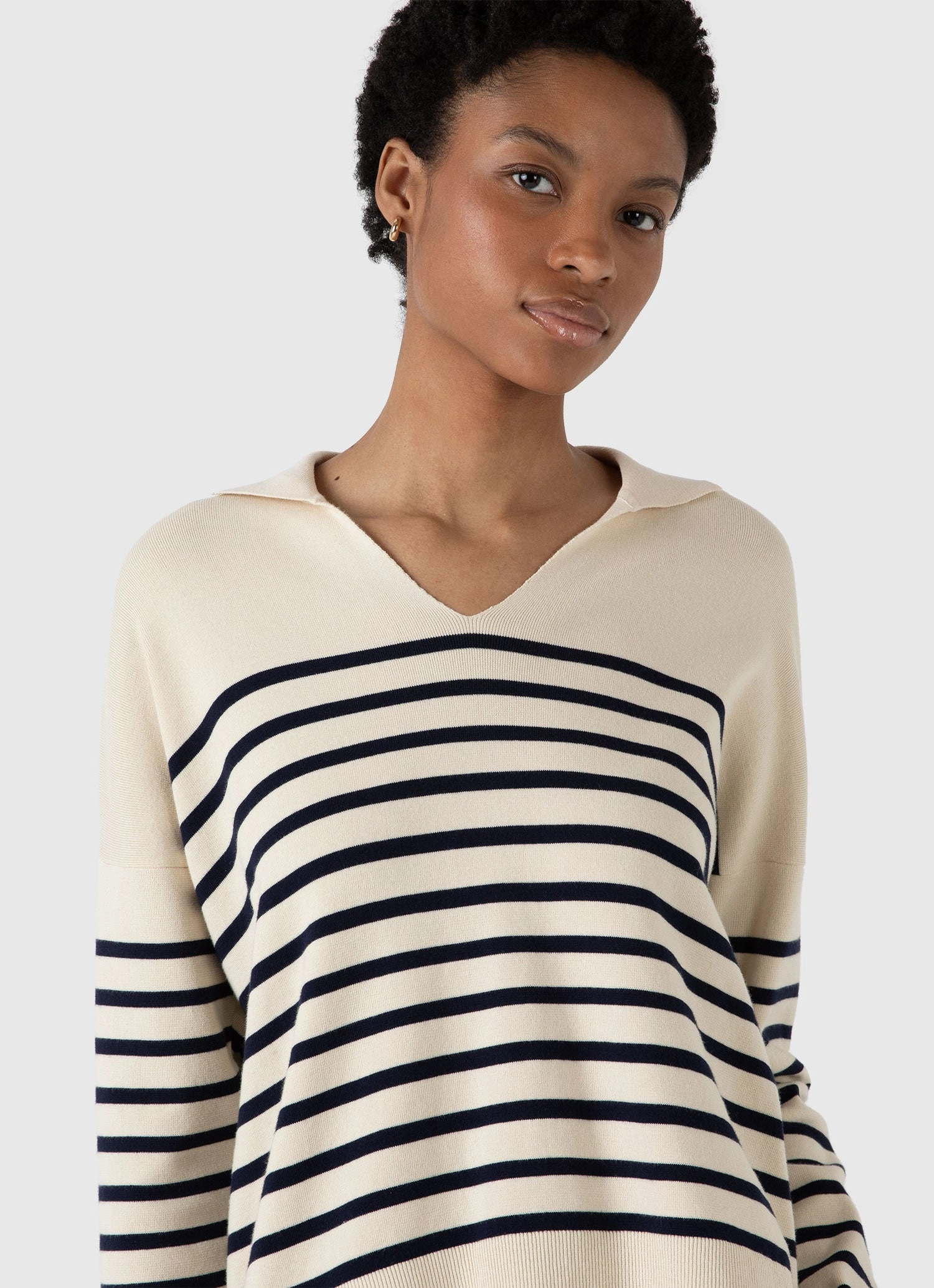 Women's Open Neck Jumper in Ecru/Navy Breton Stripe Hooded Neckline Option Modern Basic