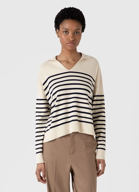 Heat Retention Lining Quick Dressing Women's Open Neck Jumper in Ecru/Navy Breton Stripe