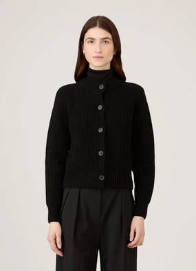 Women's Ribbed Crew Neck Cardigan in Black UVProtective Fibers Microfiber Inner Layer Off-Duty Fit Women's Ribbed Crew Neck Cardigan in Black