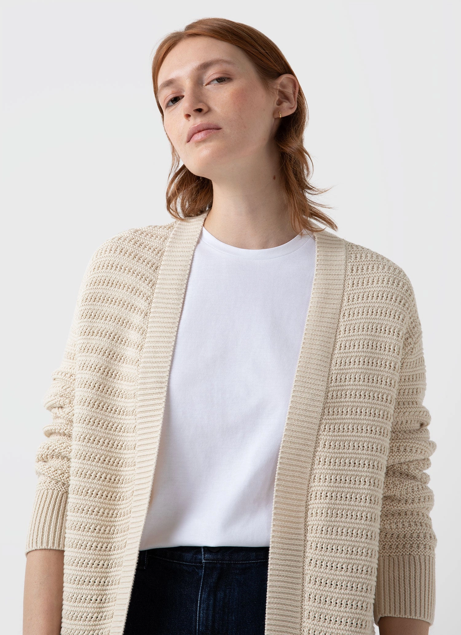 Office Friendly Reinforced Hemline Women's Textured Cardigan in Ecru