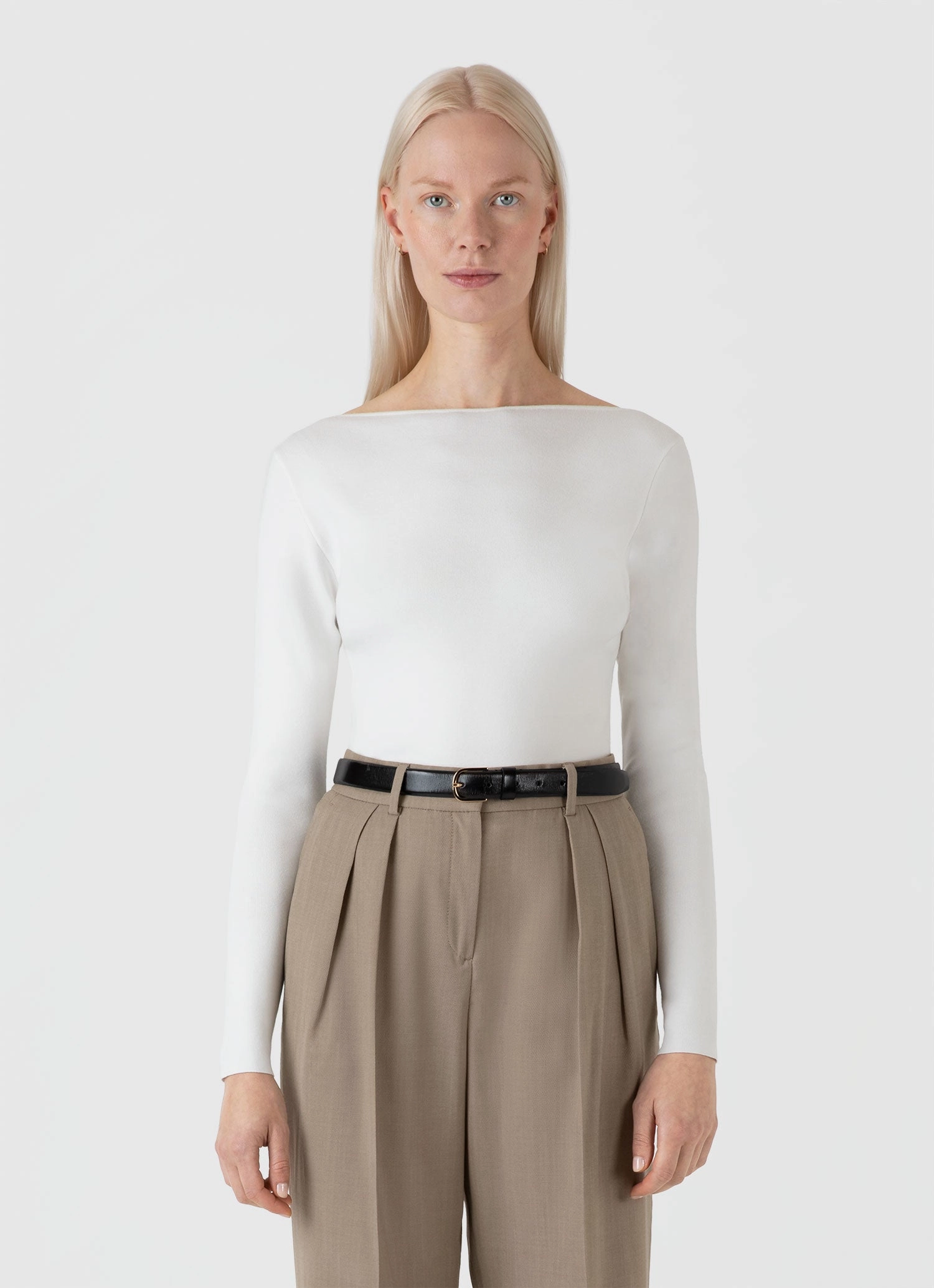 Street Warmth DoubleLayered Edging Women's Viscose Slash Neck Top in Ecru