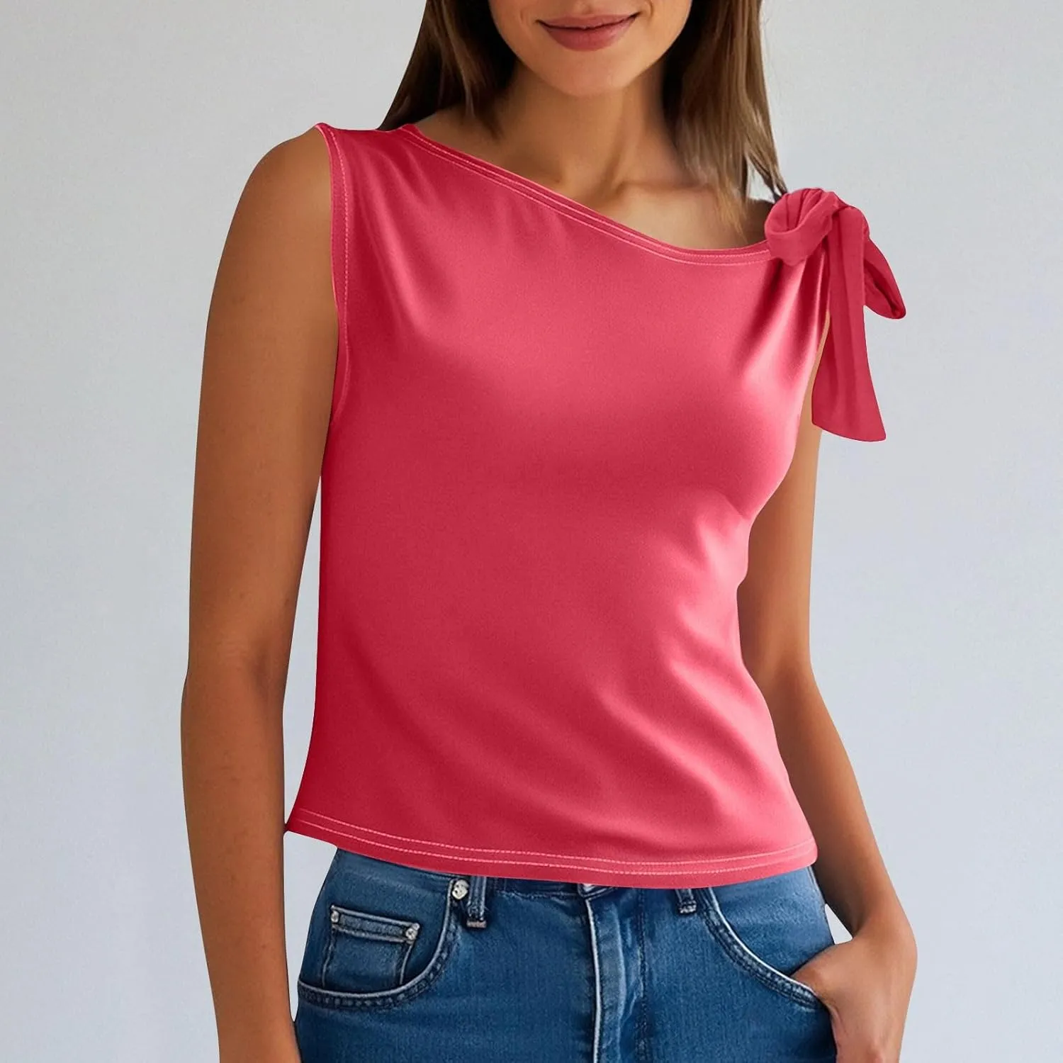 Women's 2025 Summer One Shoulder Lace Up Crop Tops Sleeveless Casual Stretch Y2K Going Out Tank Top Trendy Outfits