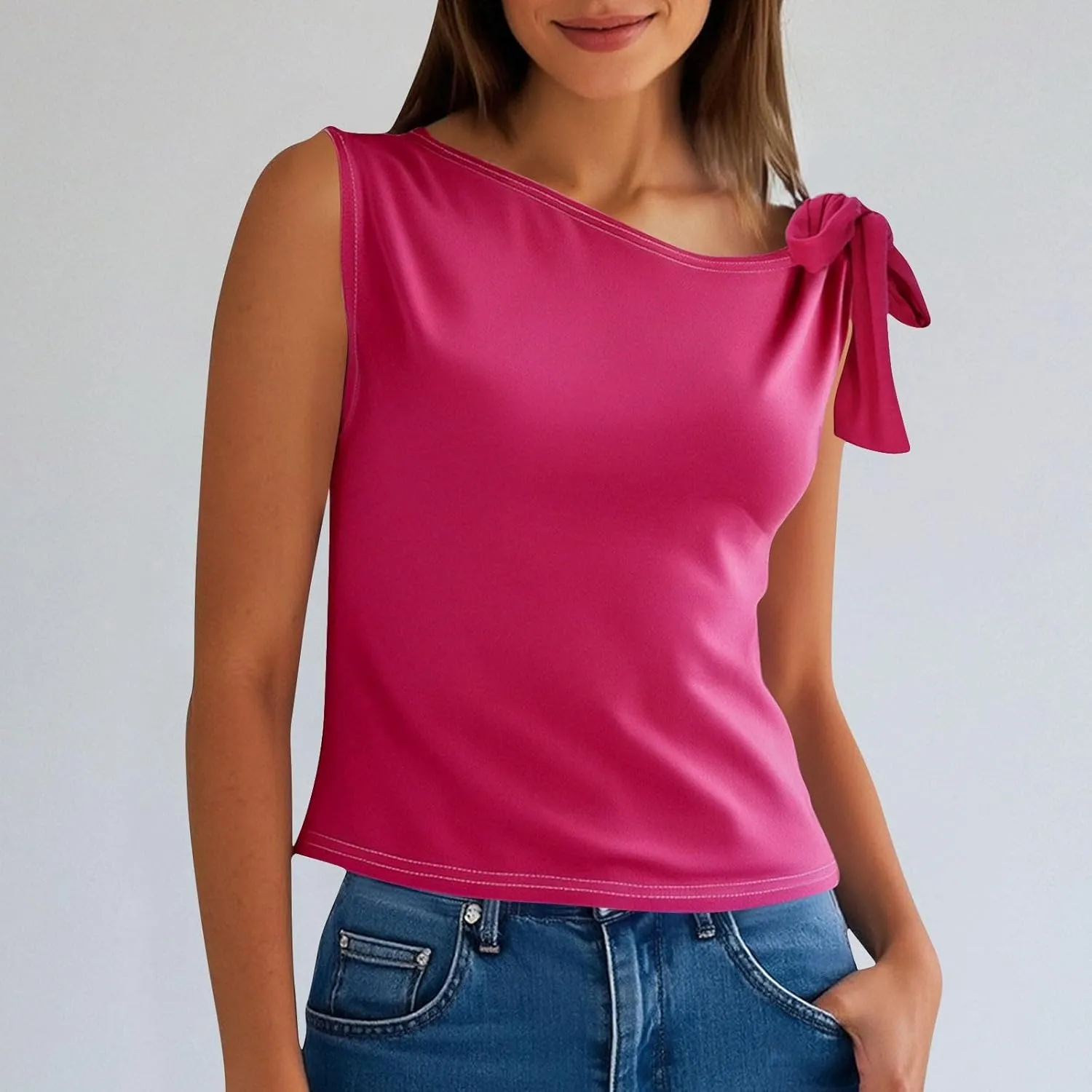 Women's 2025 Summer One Shoulder Lace Up Crop Tops Sleeveless Casual Stretch Y2K Going Out Tank Top Trendy Outfits