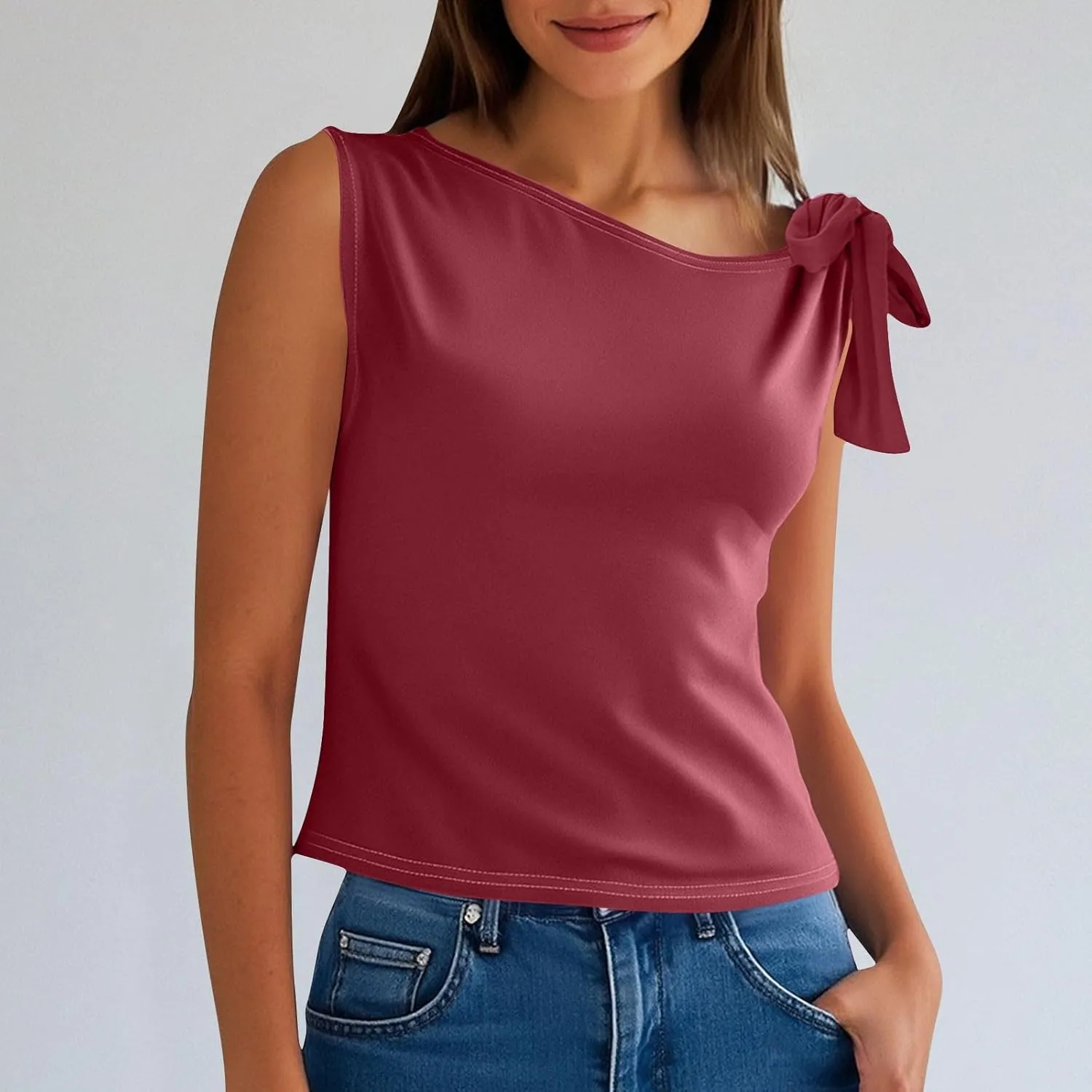 Women's 2025 Summer One Shoulder Lace Up Crop Tops Sleeveless Casual Stretch Y2K Going Out Tank Top Trendy Outfits