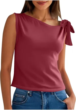 Women's 2025 Summer One Shoulder Lace Up Crop Tops Sleeveless Casual Stretch Y2K Going Out Tank Top Trendy Outfits
