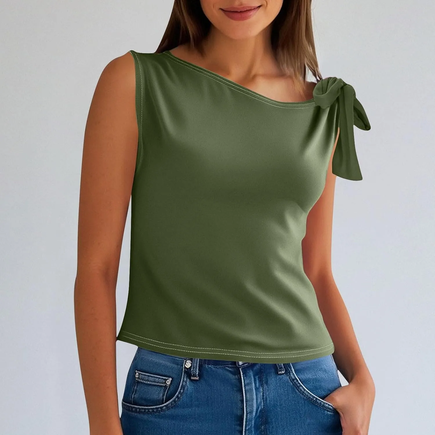 Women's 2025 Summer One Shoulder Lace Up Crop Tops Sleeveless Casual Stretch Y2K Going Out Tank Top Trendy Outfits