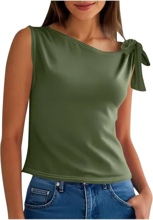 Women's 2025 Summer One Shoulder Lace Up Crop Tops Sleeveless Casual Stretch Y2K Going Out Tank Top Trendy Outfits