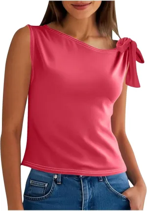 Women's 2025 Summer One Shoulder Lace Up Crop Tops Sleeveless Casual Stretch Y2K Going Out Tank Top Trendy Outfits