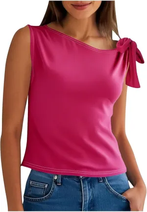 Women's 2025 Summer One Shoulder Lace Up Crop Tops Sleeveless Casual Stretch Y2K Going Out Tank Top Trendy Outfits