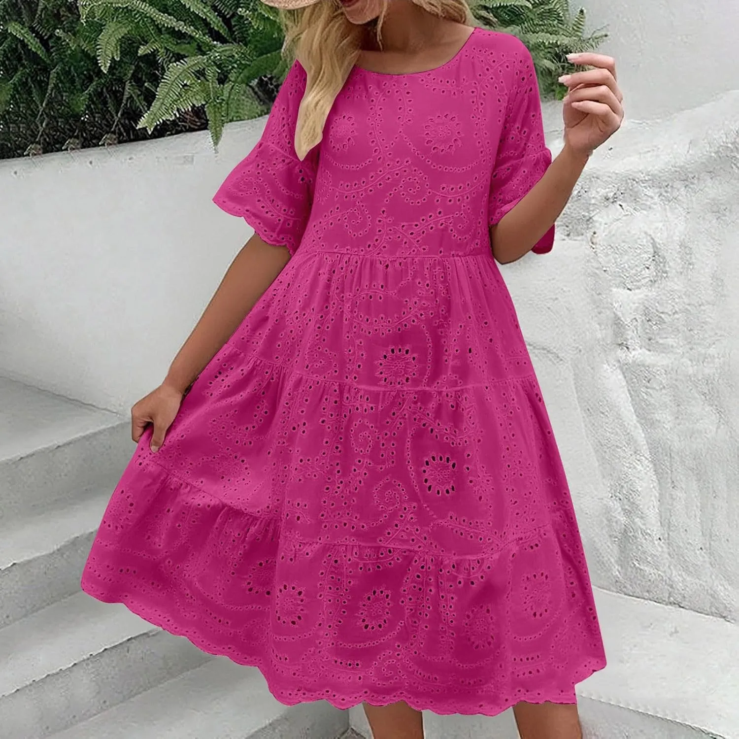 Womens 2025 Summer Short Dress Crewneck Short Sleeve Party Dresses a Line Hollow Out Lace Ruffle Cute Casual Dress