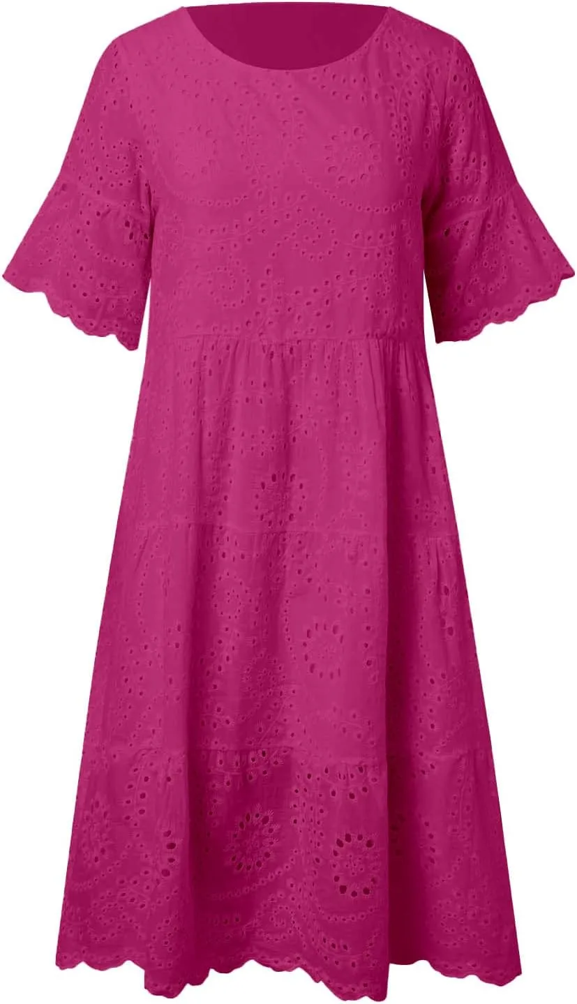 Womens 2025 Summer Short Dress Crewneck Short Sleeve Party Dresses a Line Hollow Out Lace Ruffle Cute Casual Dress