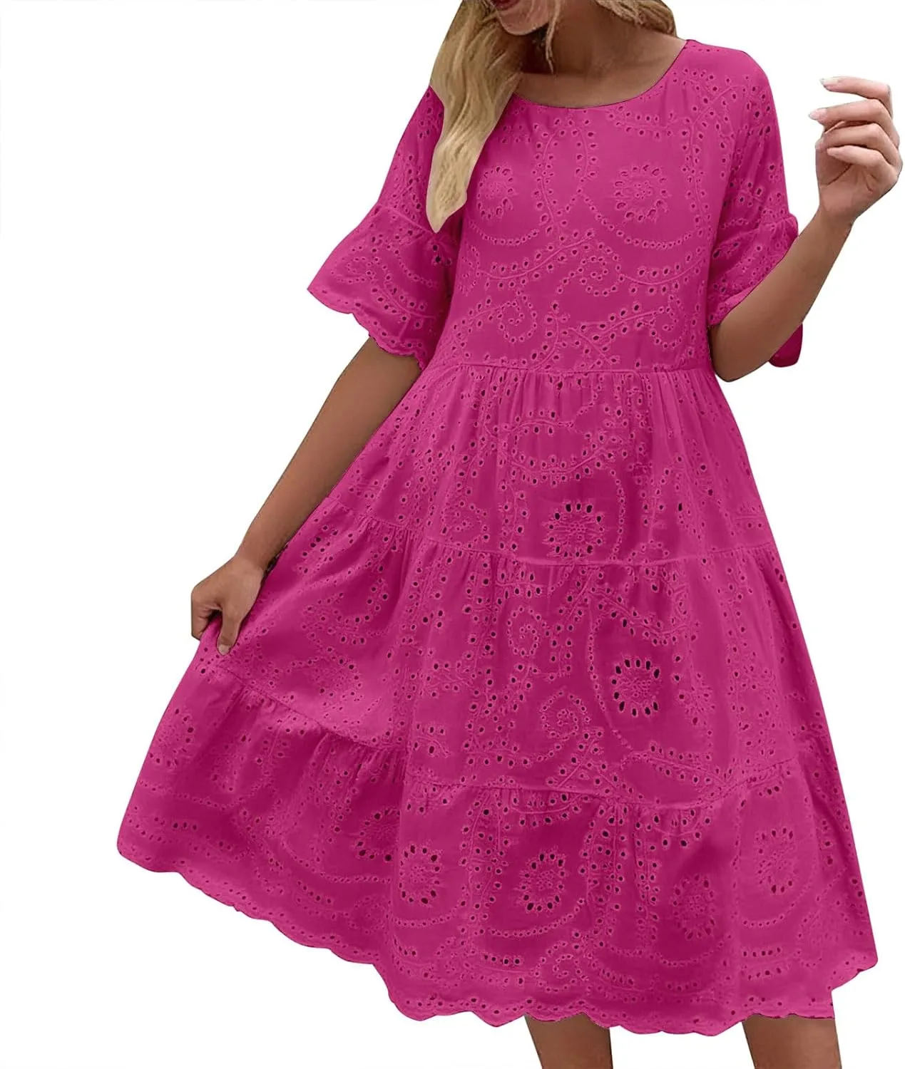 Womens 2025 Summer Short Dress Crewneck Short Sleeve Party Dresses a Line Hollow Out Lace Ruffle Cute Casual Dress