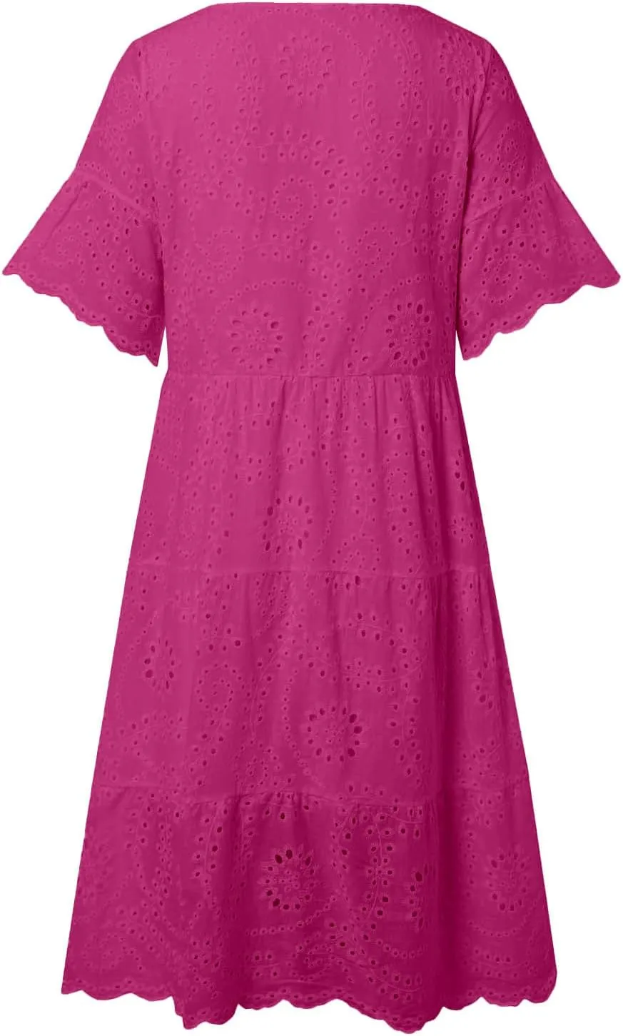Womens 2025 Summer Short Dress Crewneck Short Sleeve Party Dresses a Line Hollow Out Lace Ruffle Cute Casual Dress