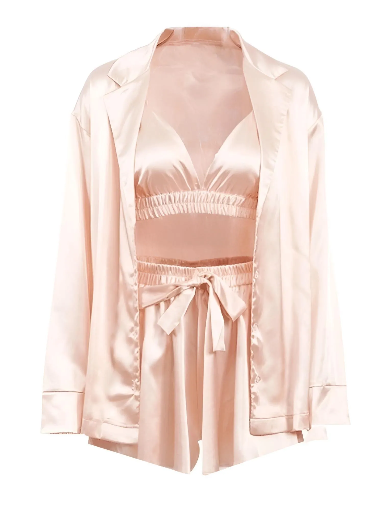 Women's 3 Piece Satin Pajama Set Sexy Shorts   Shirt Set With Bralette