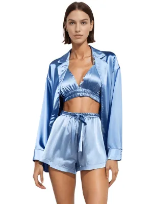 Women's 3 Piece Satin Pajama Set Sexy Shorts   Shirt Set With Bralette