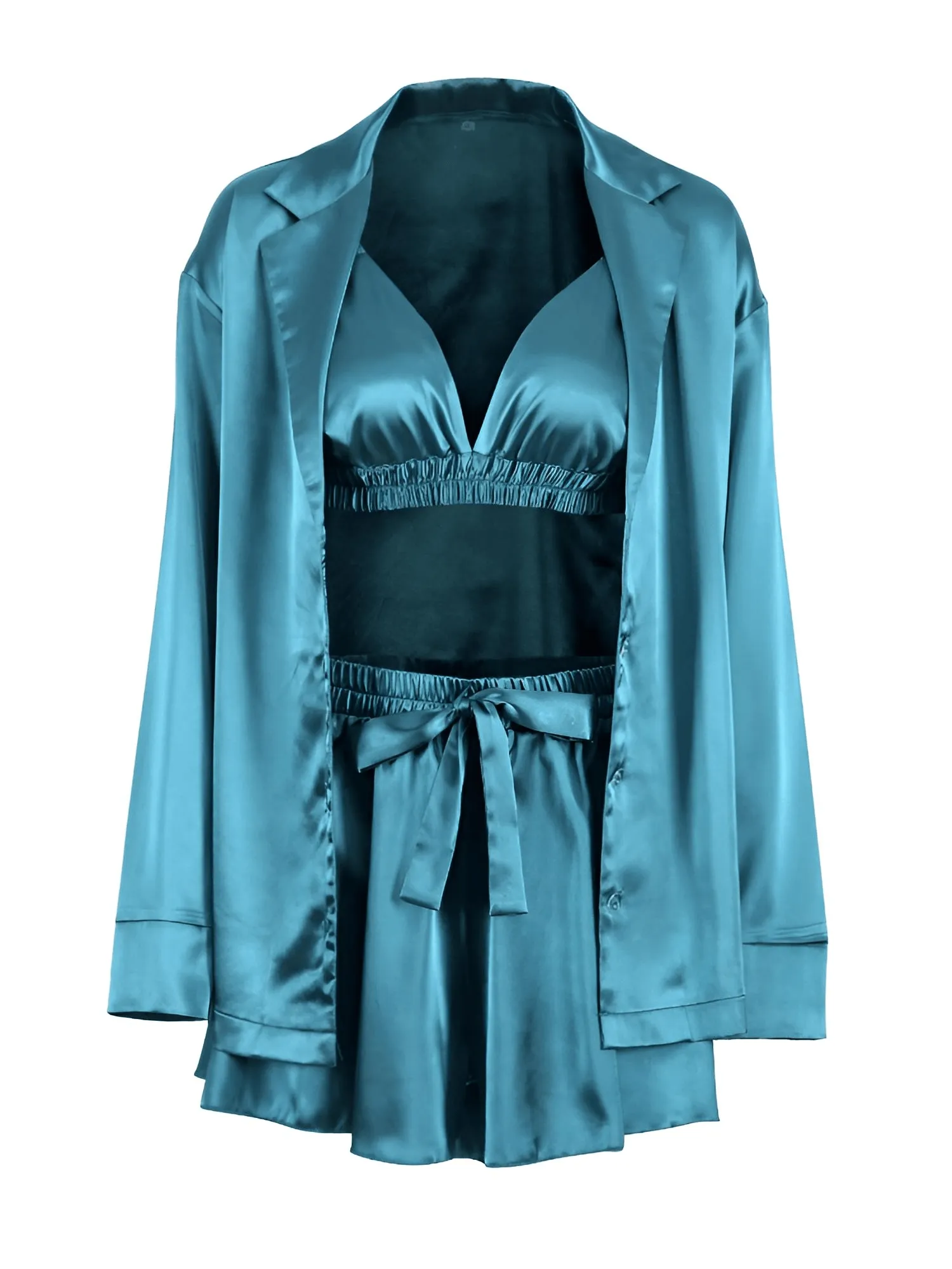 Women's 3 Piece Satin Pajama Set Sexy Shorts   Shirt Set With Bralette