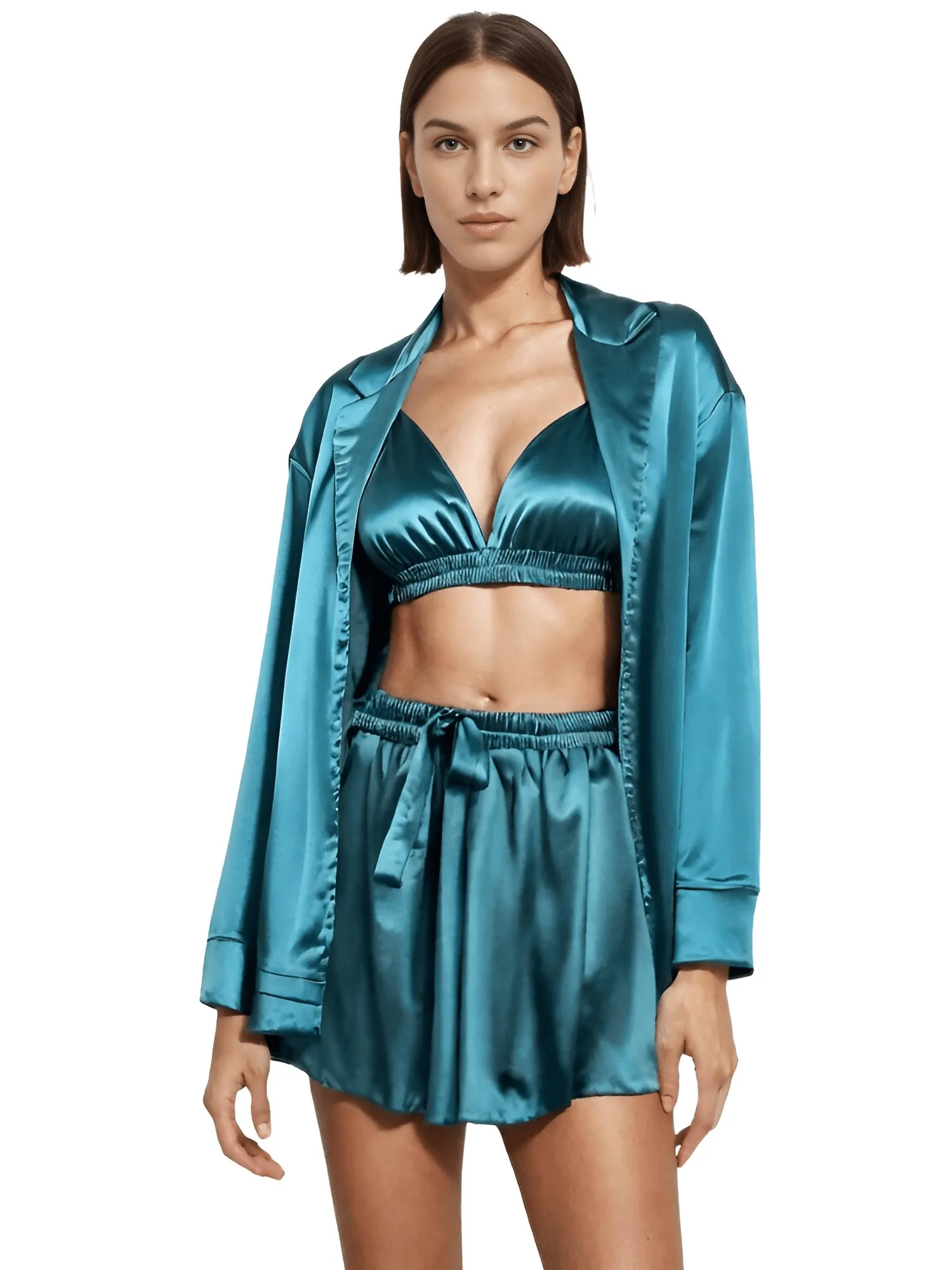 Women's 3 Piece Satin Pajama Set Sexy Shorts   Shirt Set With Bralette