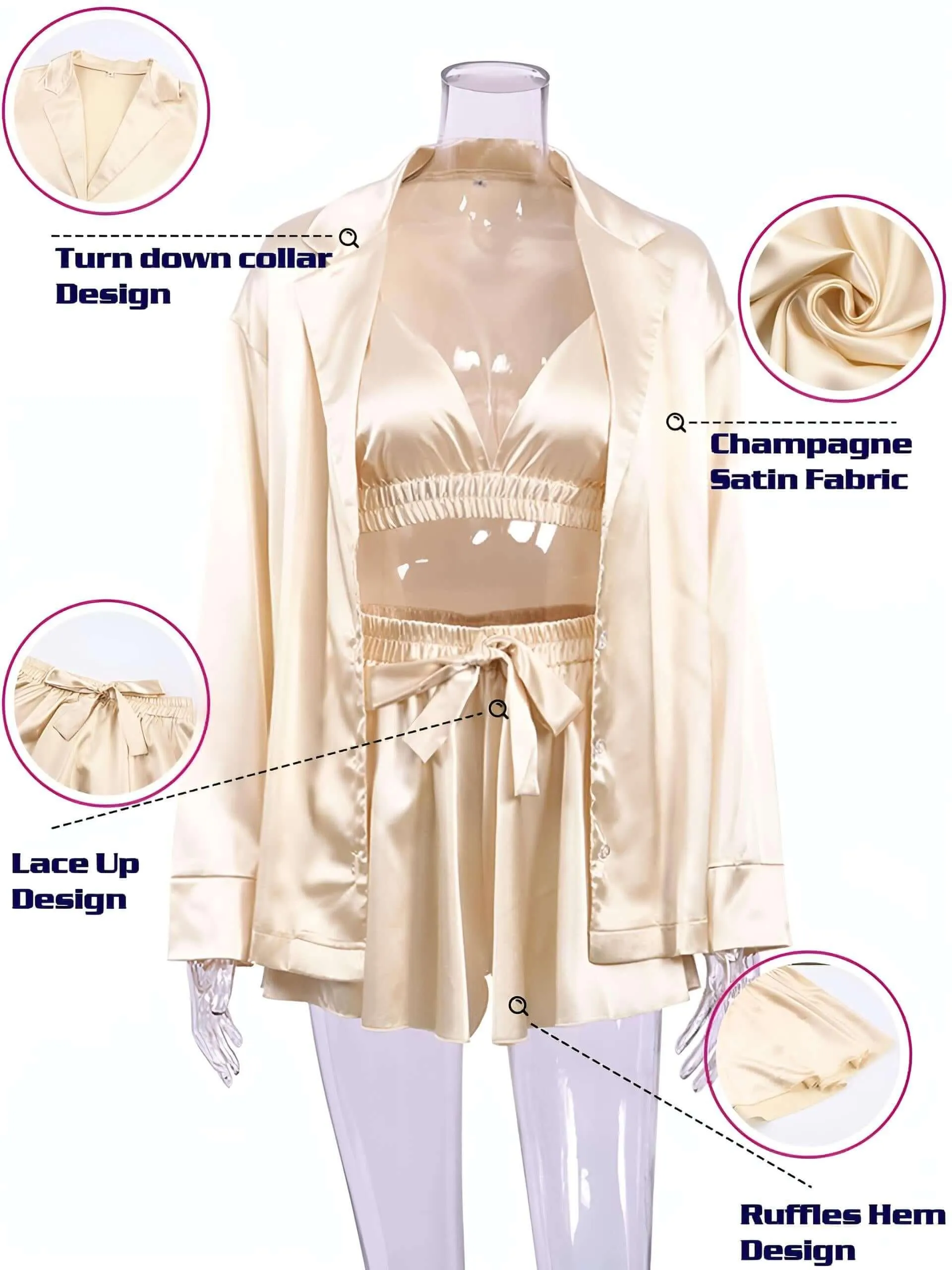 Women's 3 Piece Satin Pajama Set Sexy Shorts   Shirt Set With Bralette