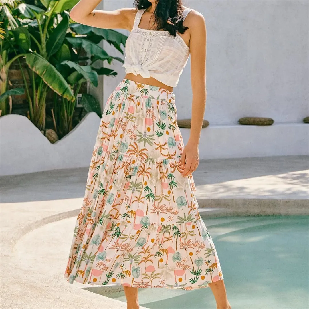Women's A-Line Floral Printing Midi High Waist Vacation Maxi Skirts Vestidos Beach Boho Skirts
