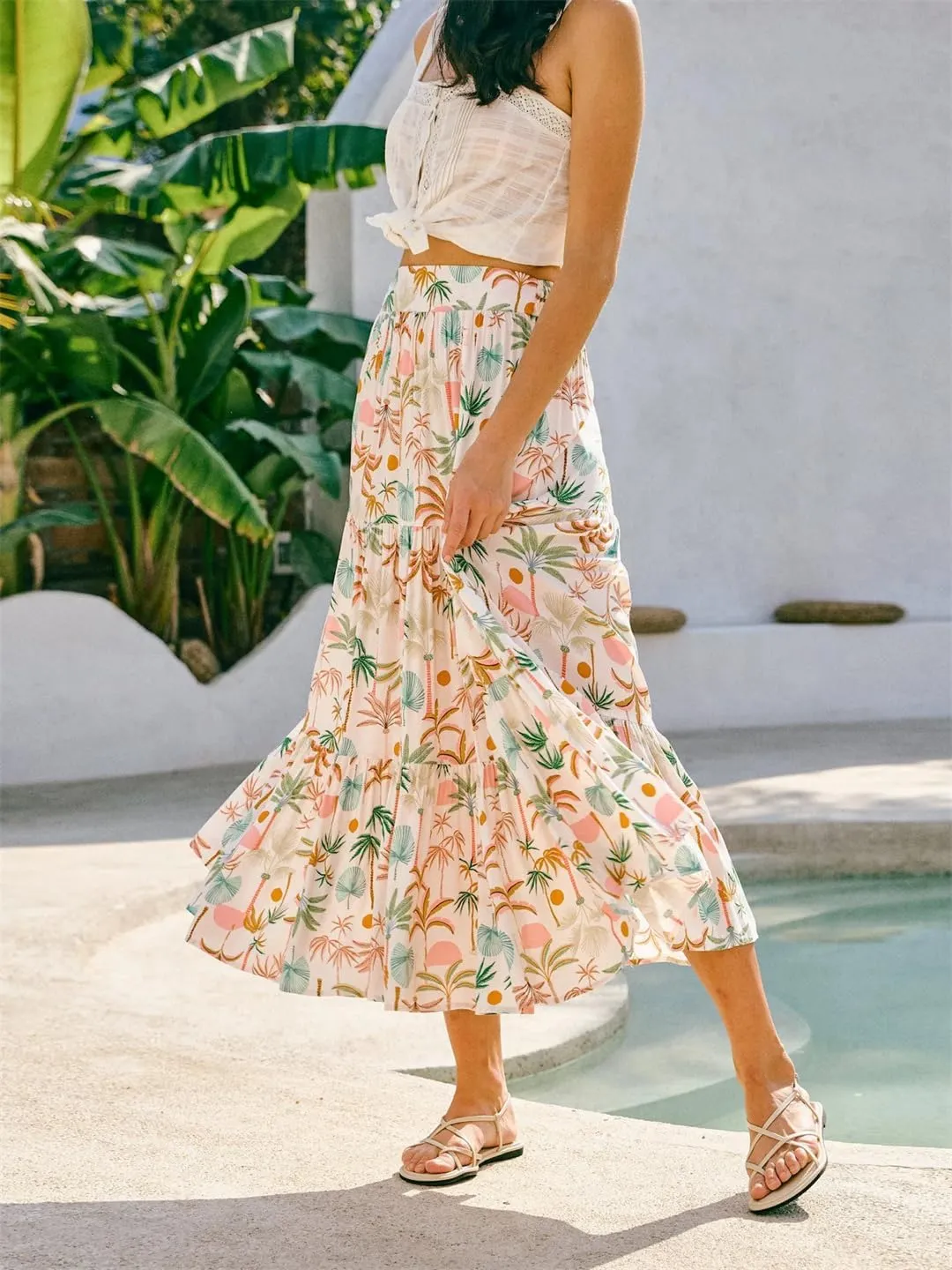 Women's A-Line Floral Printing Midi High Waist Vacation Maxi Skirts Vestidos Beach Boho Skirts