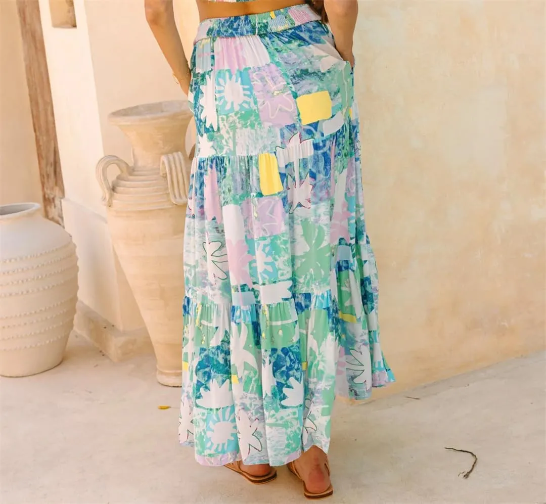 Women's A-Line Floral Printing Midi High Waist Vacation Maxi Skirts Vestidos Beach Boho Skirts
