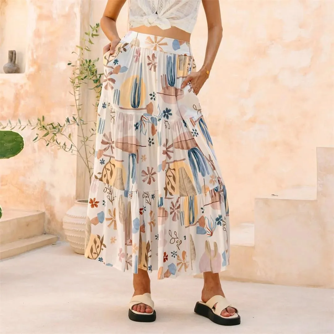 Women's A-Line Floral Printing Midi High Waist Vacation Maxi Skirts Vestidos Beach Boho Skirts
