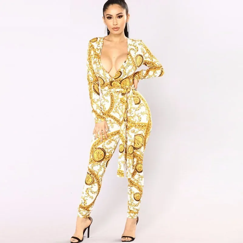 Women's Autumn Polyester V-Neck High-Waist Jumpsuit With Print