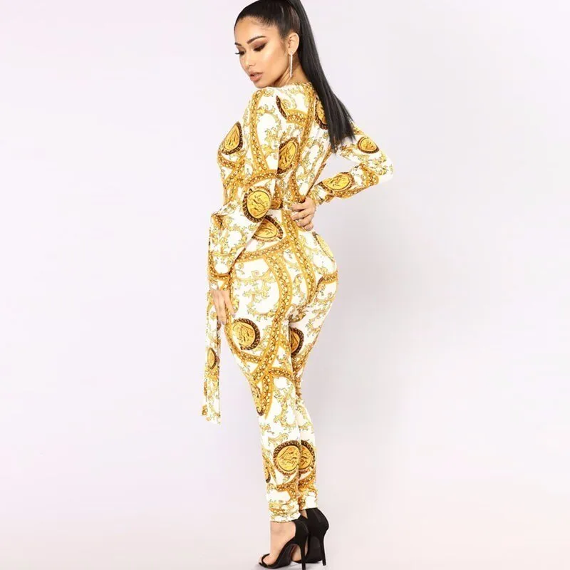 Women's Autumn Polyester V-Neck High-Waist Jumpsuit With Print