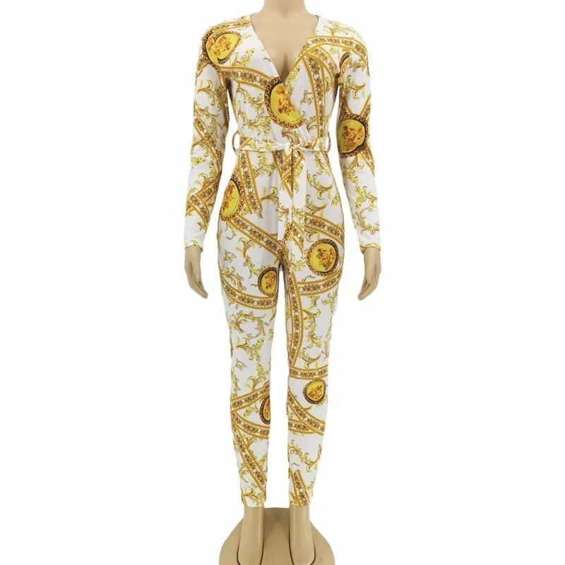 Women's Autumn Polyester V-Neck High-Waist Jumpsuit With Print