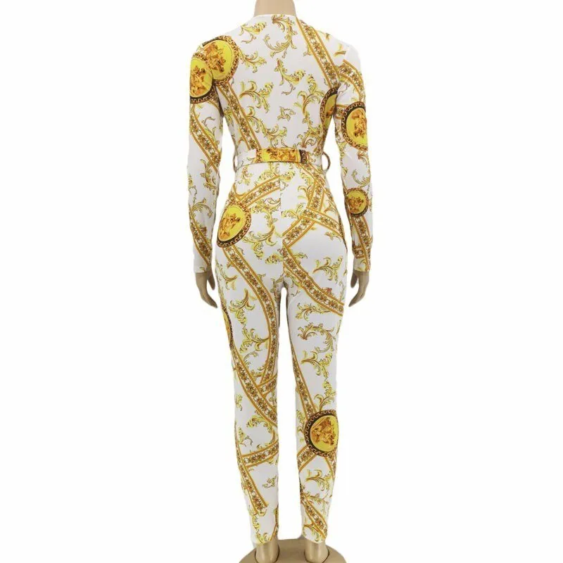 Women's Autumn Polyester V-Neck High-Waist Jumpsuit With Print