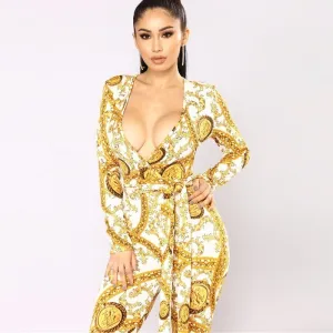 Women's Autumn Polyester V-Neck High-Waist Jumpsuit With Print