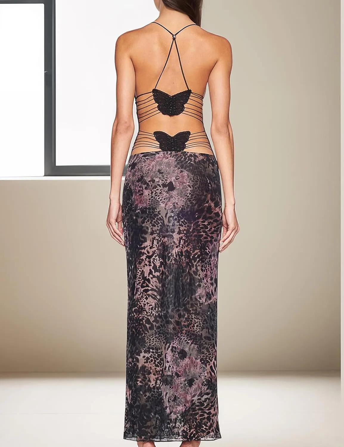 Womens Backless Butterfly Maxi Dresses Sexy V Neck Floral Print Dresses Flowy Slim Fit Elegant Long Dresses Outfits