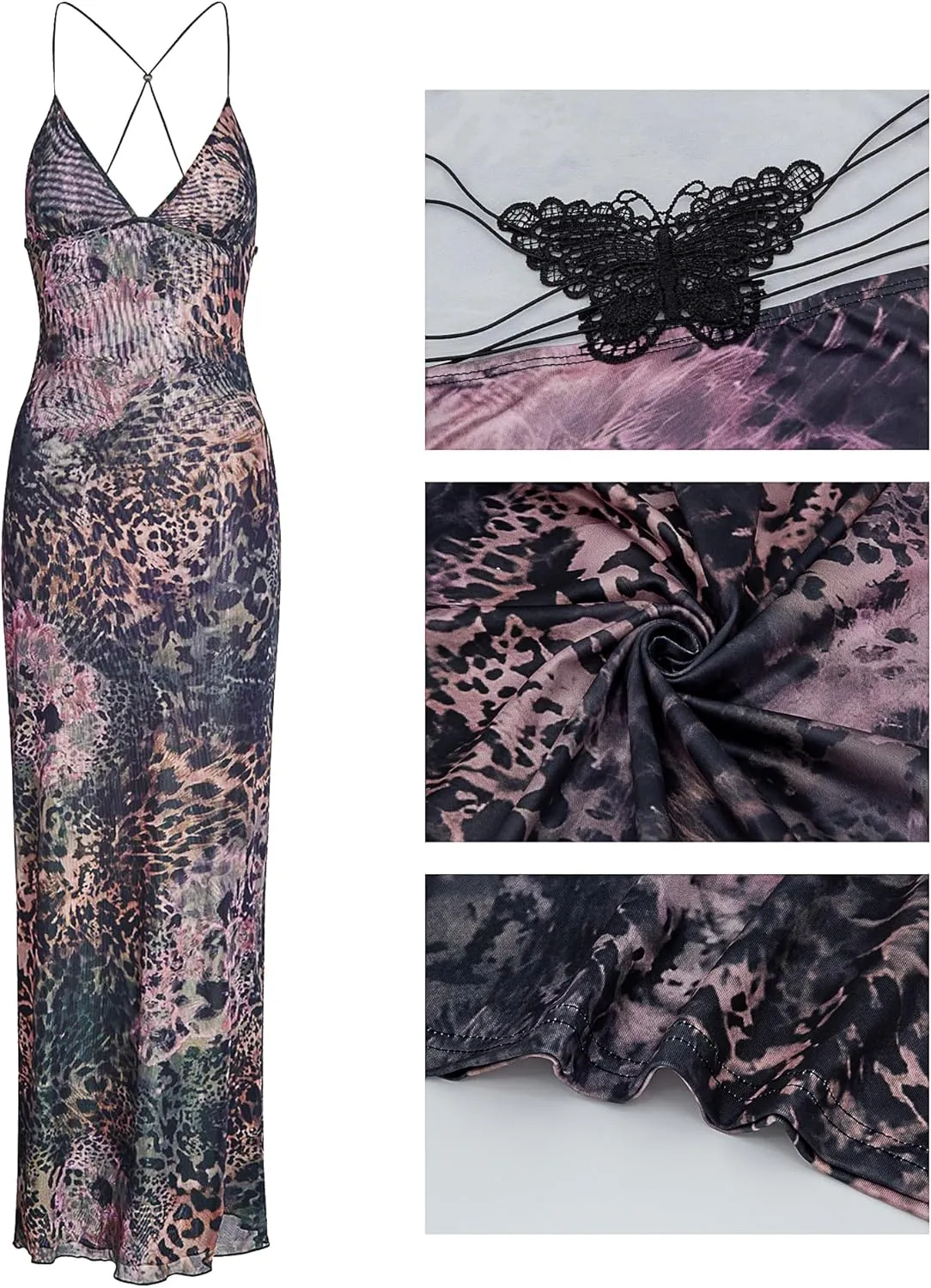 Womens Backless Butterfly Maxi Dresses Sexy V Neck Floral Print Dresses Flowy Slim Fit Elegant Long Dresses Outfits