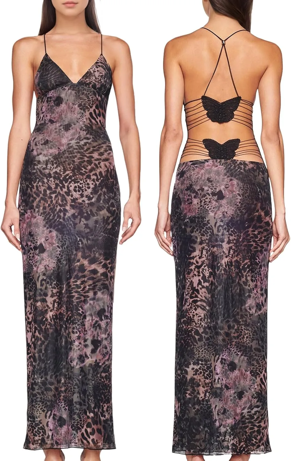 Womens Backless Butterfly Maxi Dresses Sexy V Neck Floral Print Dresses Flowy Slim Fit Elegant Long Dresses Outfits