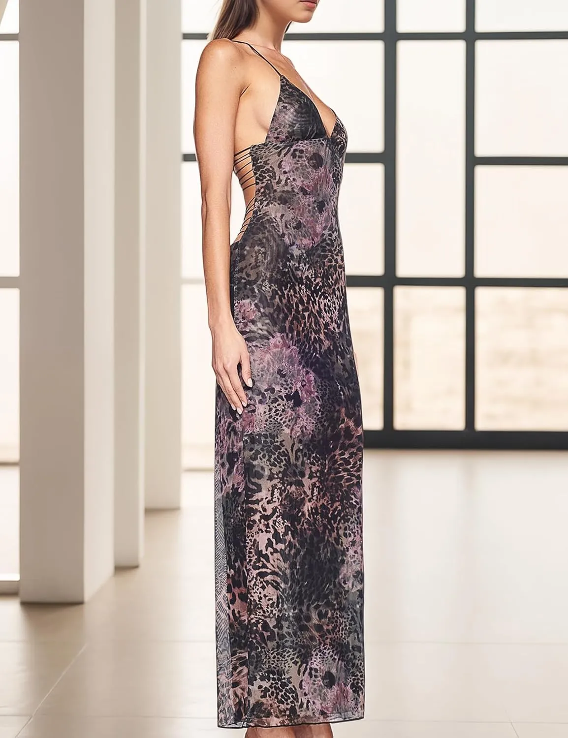 Womens Backless Butterfly Maxi Dresses Sexy V Neck Floral Print Dresses Flowy Slim Fit Elegant Long Dresses Outfits