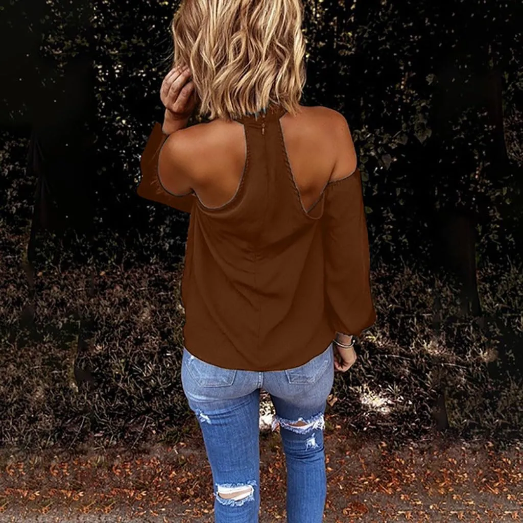 Womens Backless Halter T Shirts Tee Tops Fashion Long Seeve Cold Shoulder Wrap Blouse Sexy Spring Summer Shirt 2025