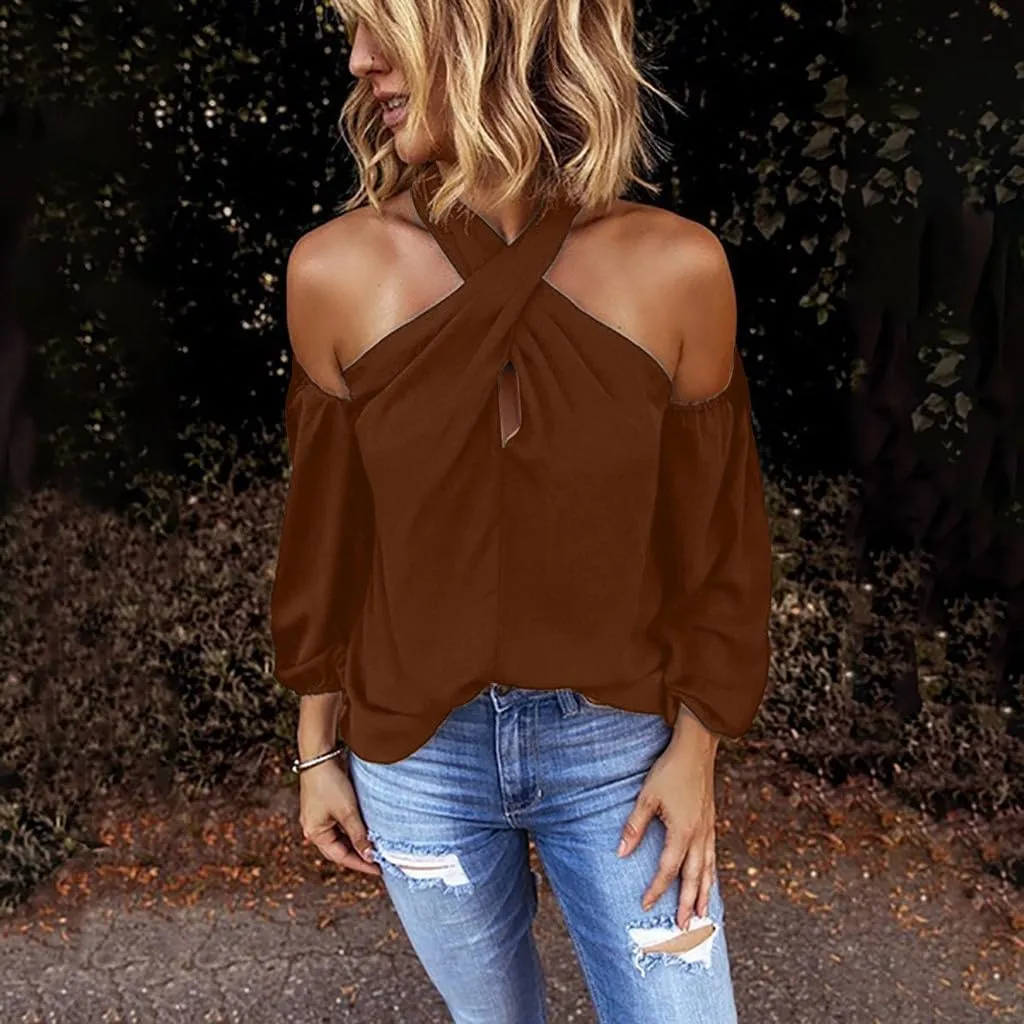Womens Backless Halter T Shirts Tee Tops Fashion Long Seeve Cold Shoulder Wrap Blouse Sexy Spring Summer Shirt 2025