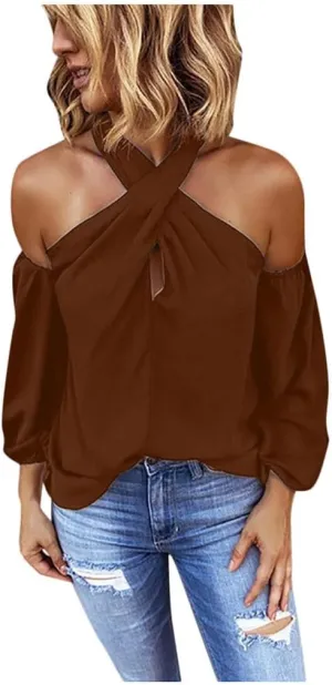 Womens Backless Halter T Shirts Tee Tops Fashion Long Seeve Cold Shoulder Wrap Blouse Sexy Spring Summer Shirt 2025