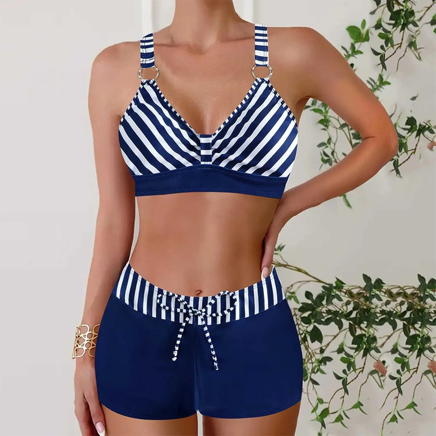Women's Bathing Suits Sexy Coconut Tropics Palm Print Backless High Waist Two-Piece Tummy Control Bikini Swimsuit