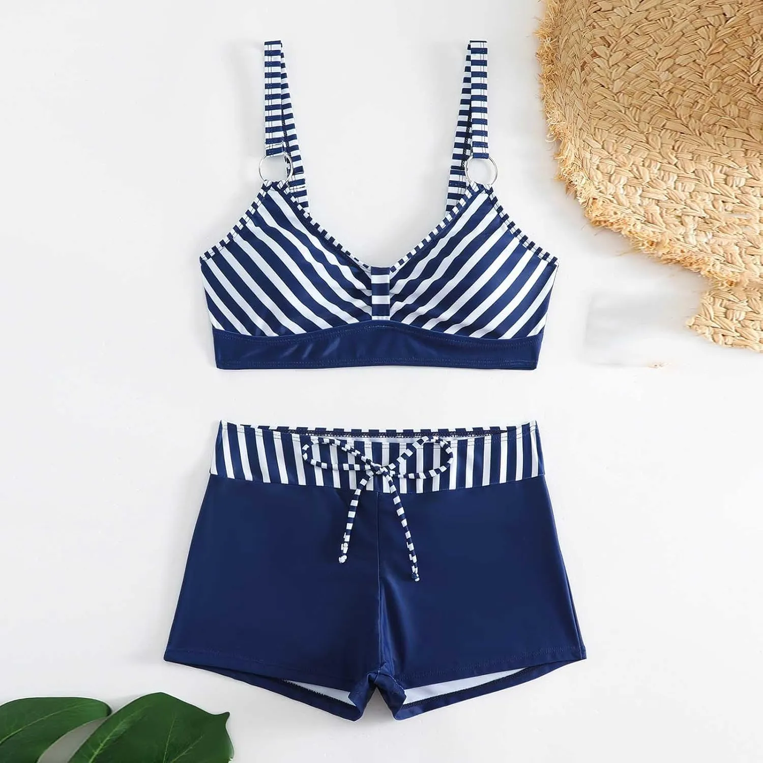 Women's Bathing Suits Sexy Coconut Tropics Palm Print Backless High Waist Two-Piece Tummy Control Bikini Swimsuit
