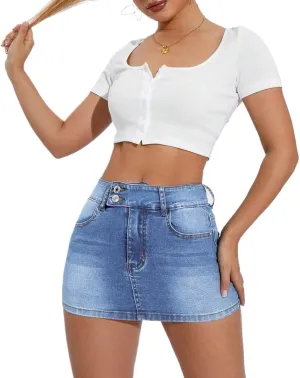 Women's Bodycon Mini Denim Skirt Button Front High Waist Short Jean Skirts For Women