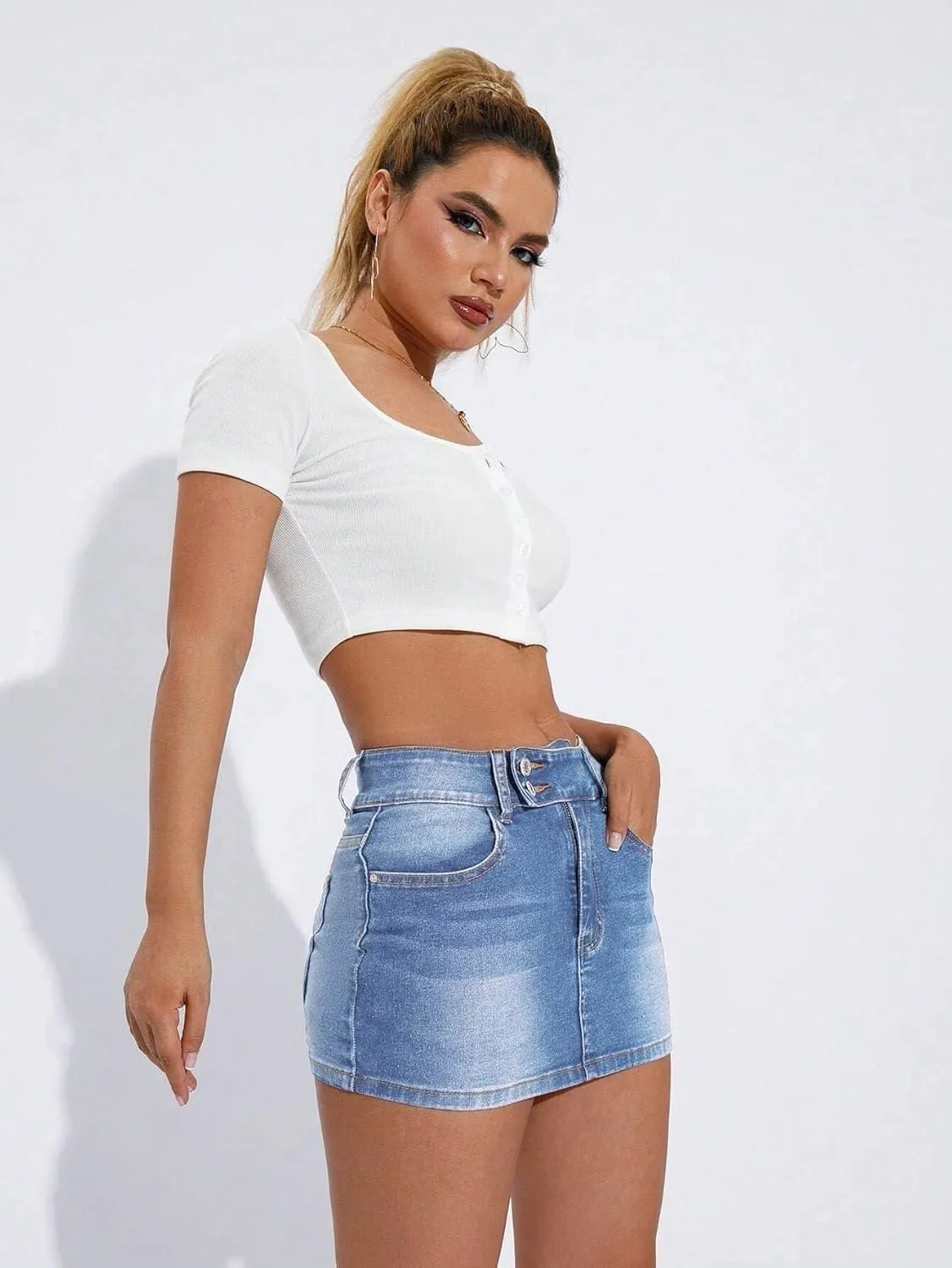 Women's Bodycon Mini Denim Skirt Button Front High Waist Short Jean Skirts For Women