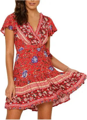 Womens Boho Mini Dress Lace Trim V Neck Floral A Line Dress Cap Sleeve Party Dress Bohemian Sexy Sundress for Girls