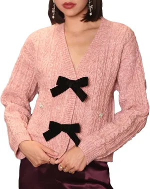 Women's Bow Front Cardigan Cropped Button Button Down V Neck Cropped Cable Knit Sweater Tops